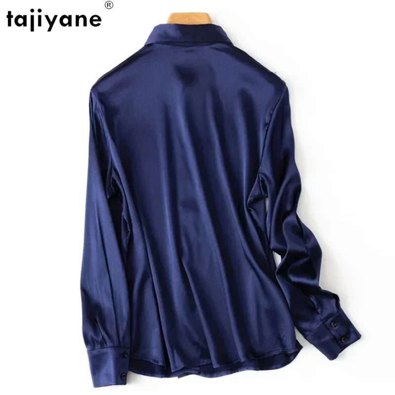 Tajiyane Damen-Shirt, 93 % Maulbeerseide, 7 % Elastan, 19 Momme, Satin, Seidenknöpfe, Langarmshirt, Top, Bluse, Büroarbeit, Chemise Femme