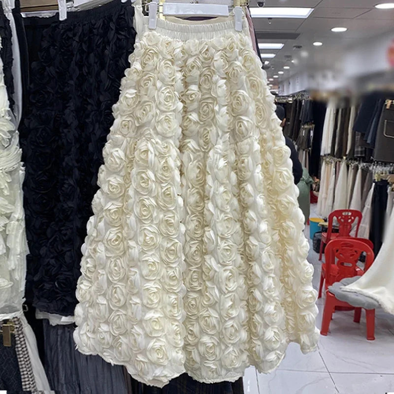 3D Floral White Skirt Women A-line Elastic High Waist Female Skirt Faldas Ajustadas French Chic Elegant Long Skirts Dropshipping