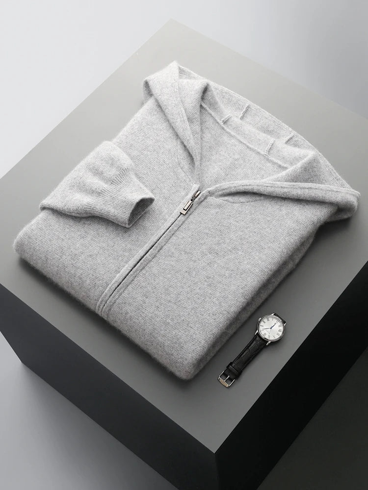 Men Cashmere Sweater Long Sleeve Hooded Pullover Autumn Winter Casual Loose 100% Merino Wool Knitwear Soft Comfy Clothing Tops