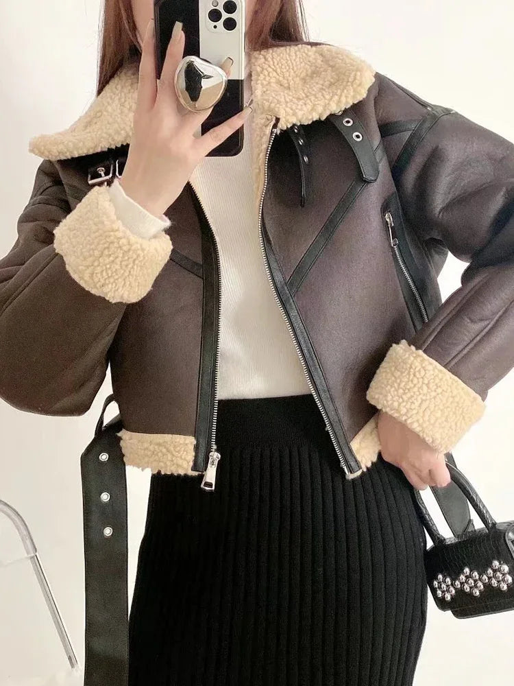 Ailegogo Winter Women Streetwear Faux Lamb Leather Fur Short Jacket with Belt Moto Biker Thick Warm Sheepskin Coat Outwear