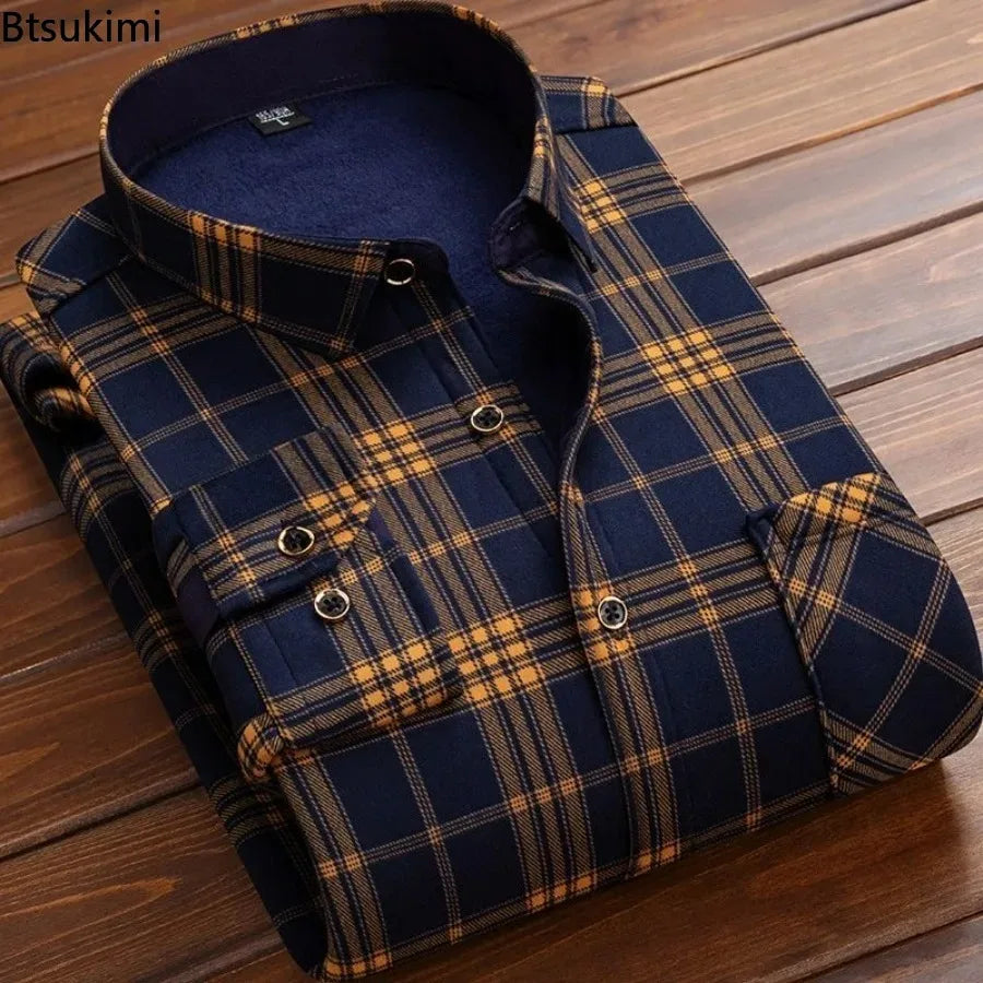 2024 Herbst Winter Herren Casual Fleece Plaid Shirt Mode Weiche Warme Drehen Unten Kragen Langarm Hemd Männlichen Hochwertige Tops