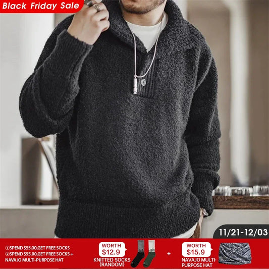 MADEN Men Heavyweight Knit Sweater 2024 Autumn Winter Long Sleeve Turn-down Collar Loop Yarn Polo Shirt Warm Pullover Knitwear