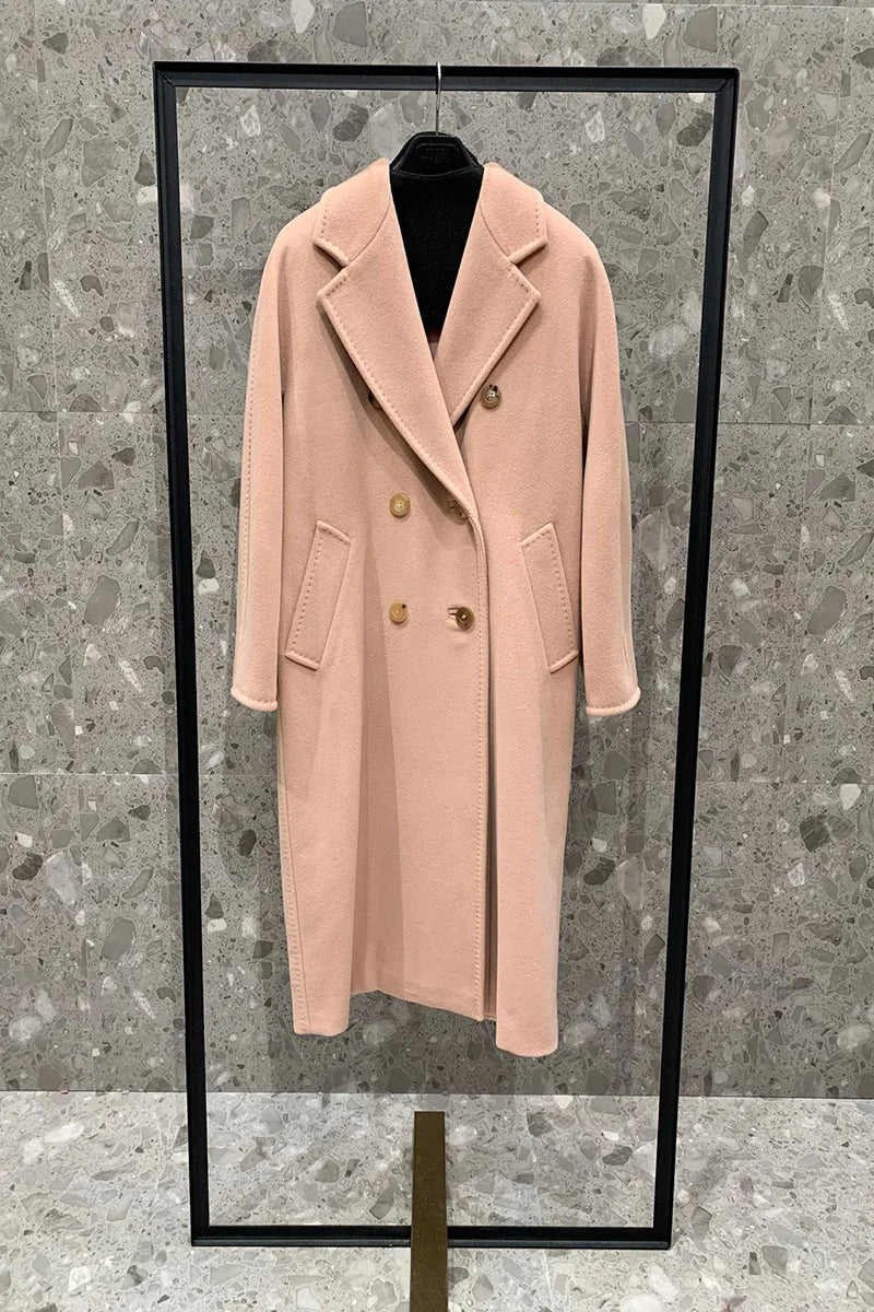 High-end Winter Cashmere Coat Women Camel Color Long Black Wool Coat Classic Double-breasted Lace-up Coat Gray Red Coat Female