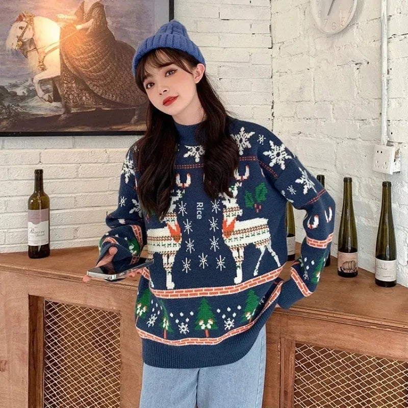 Red Deer Christmas Thickened Loose Half-High Collar Women's Knitted Sweater Retro Lazy Style Pullovers Standard Thickness