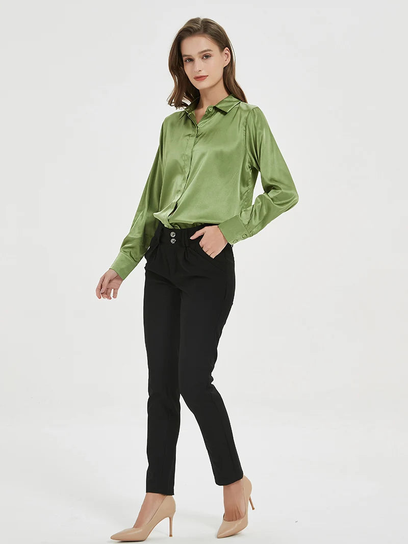 SuyaDream Woman Solid Shirts 93%Real Silk 7%Spandex Long Sleeves Chic Blouses2022 Spring Autumn Office Lady Top