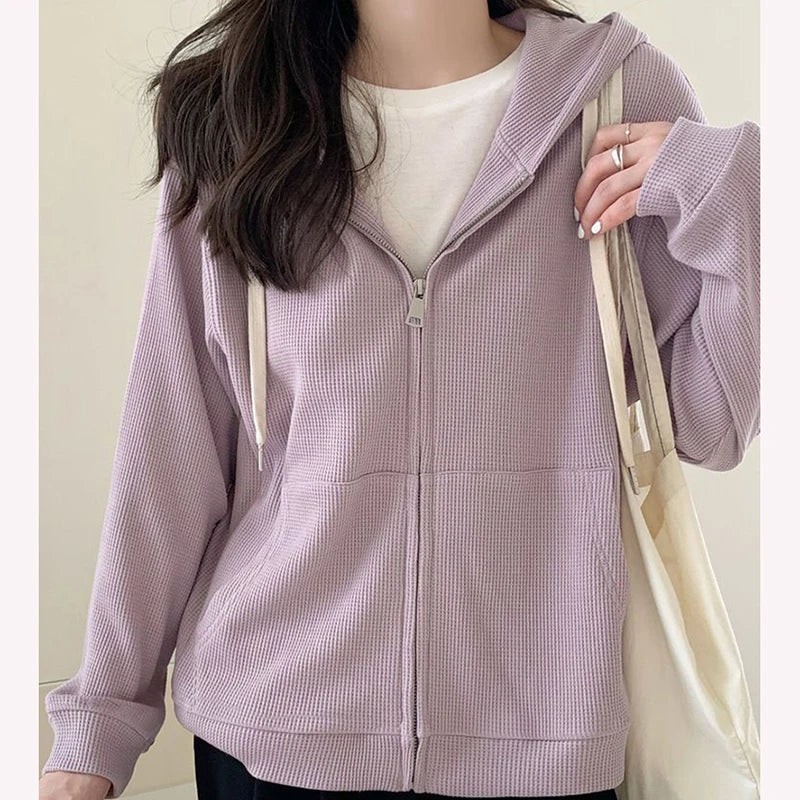 Y2k Purple Sweet Hooded Coats Korean Zipper Loose Long Sleeve Female Casual Jacket Autumn New Preppy Style Pockets Ladies Tops