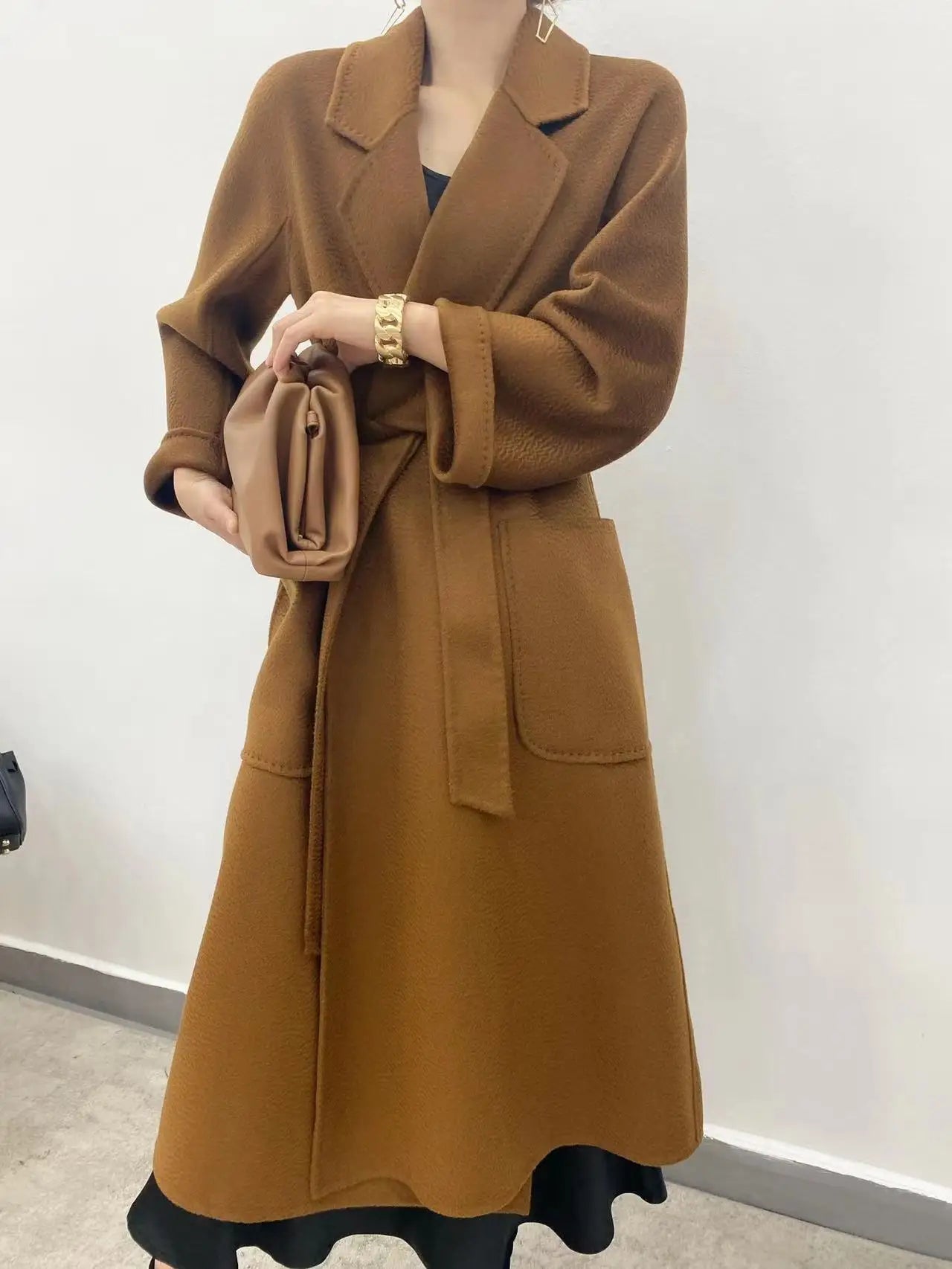 Women's autumn and winter new woolen coat mid-length lace-up cardigan fashion slim coat cape cape