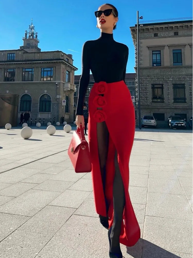 New Women Red Black Long Bodycon Split Flower Bandage Skirt Designer High Street Party Skirt