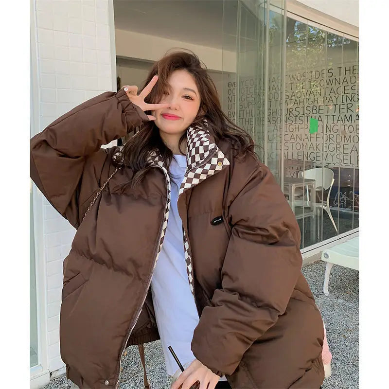 Thickened bread clothes women's checkerboard collar jacket women's winter new loose BF cotton-padded jacket tide