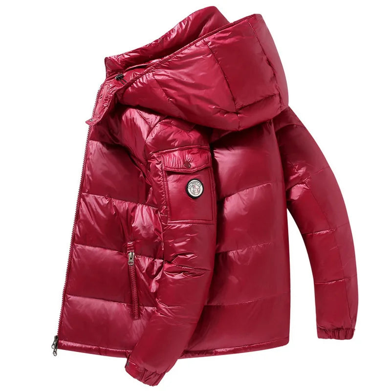 Pufferjacke Herren mit Kapuze, lässige Daunenjacke für den Winter, kurz, glänzende Federn, Entenmantel, Mann, wasserdicht