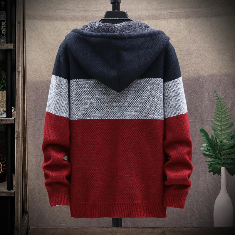 Men‘s Hooded Cardigan Knitted Sweater Winter Thick Fleece Warm Casual Knitwear Coat Solid Color Cardigan Men Winter Sweater