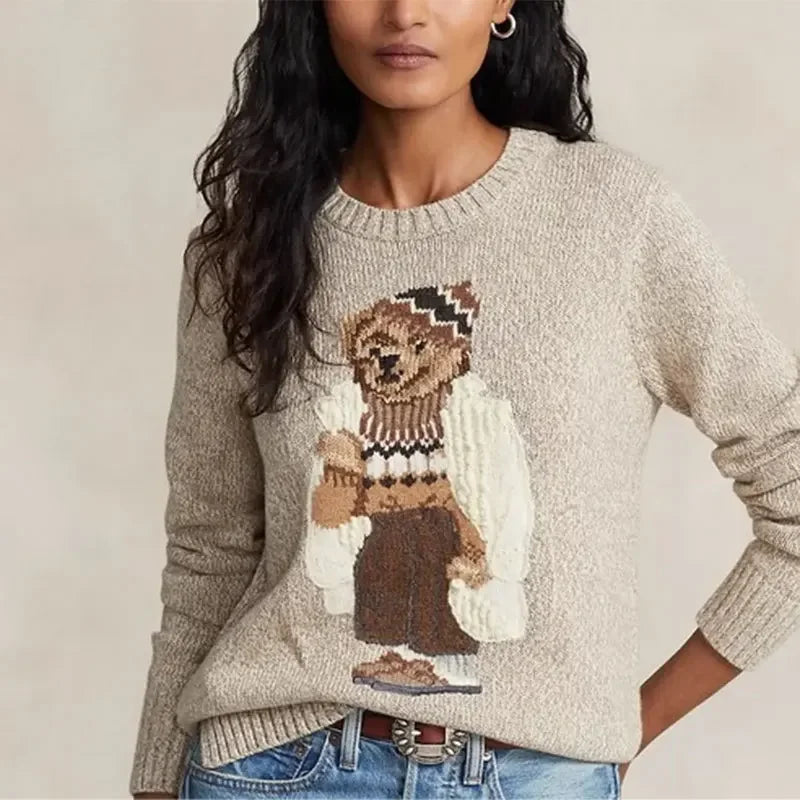 Rhudson Classic Loose-fit Polo Bear Knitted Top Women's Sweater Elegant Versatile Tweed Style Crew Neck Pullover