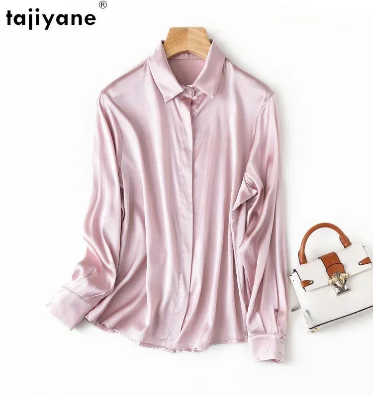 Tajiyane Damen-Shirt, 93 % Maulbeerseide, 7 % Elastan, 19 Momme, Satin, Seidenknöpfe, Langarmshirt, Top, Bluse, Büroarbeit, Chemise Femme