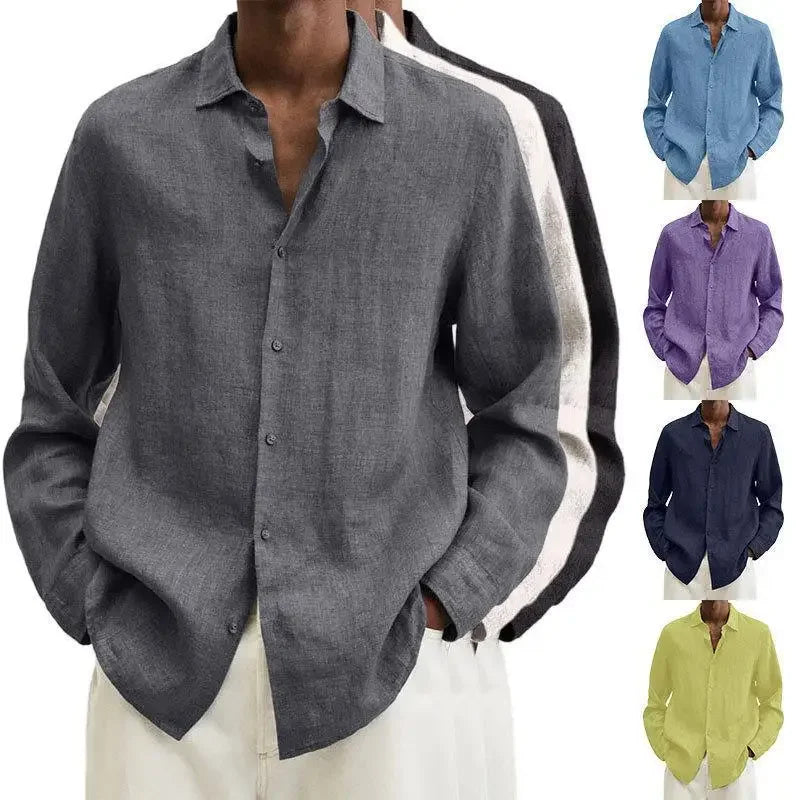 Mens Shirts Seasonal Long Sleeved V-neck Loose Button Cotton and Linen Cardigan Shirt for Men Hawaiian Shirt