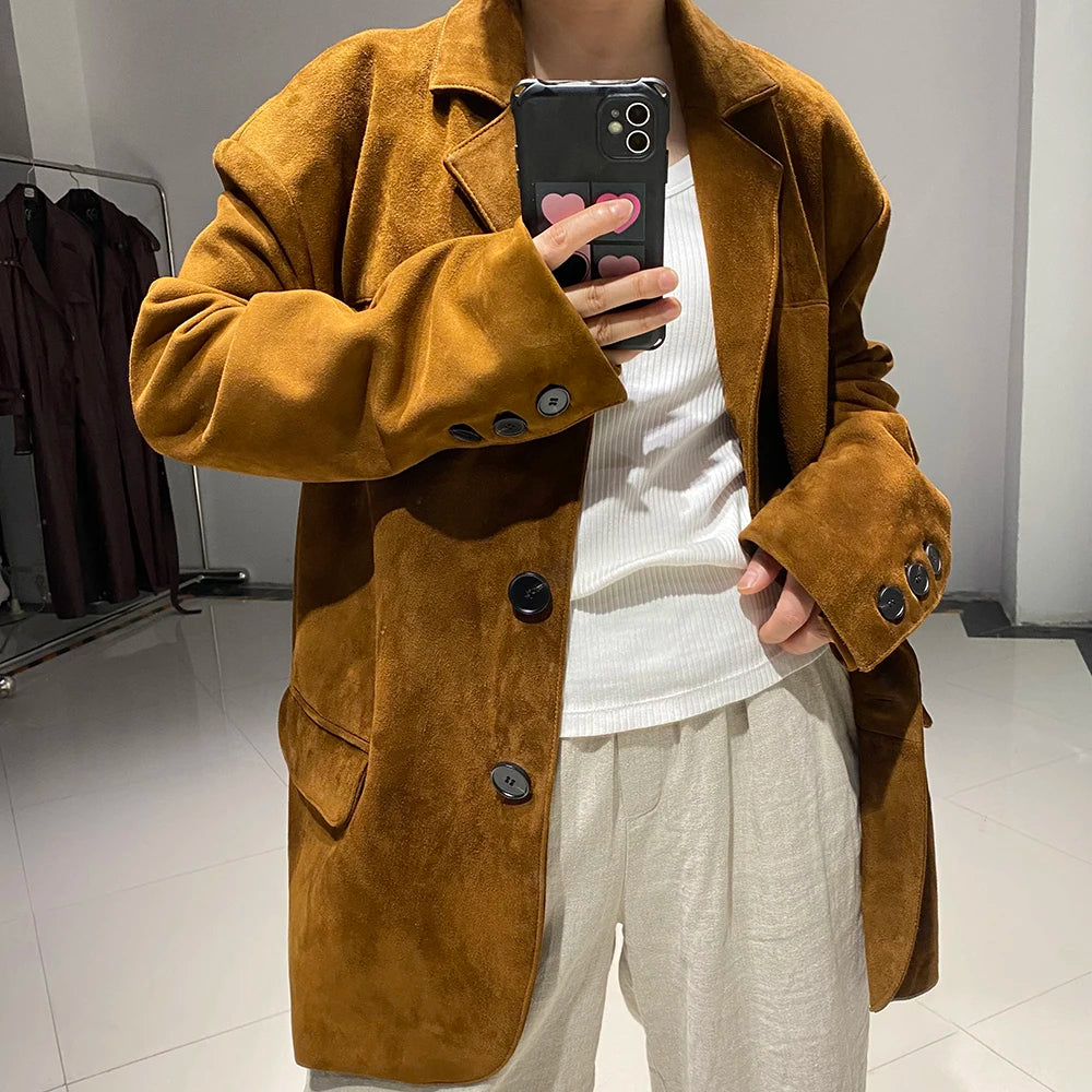 YOLOAgain Women's Oversized Suede Leather Blazer Single Breasted Real Leather Jacket Female Autumn 2024