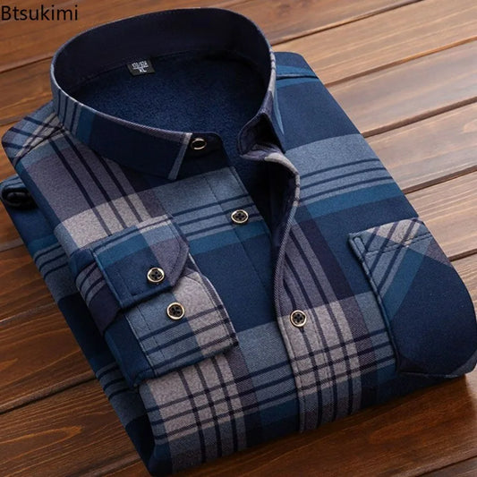 2024 Herbst Winter Herren Casual Fleece Plaid Shirt Mode Weiche Warme Drehen Unten Kragen Langarm Hemd Männlichen Hochwertige Tops