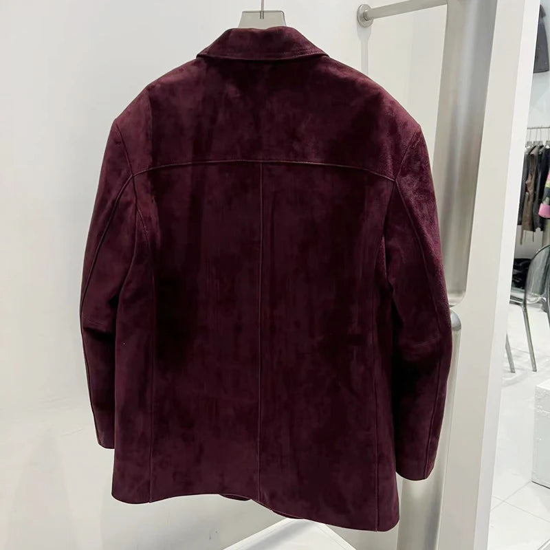 Französische High-End-Lederjacke im Western-Stil für Damen 2024 Neue Farbe Lila Rot Übergroßer lässiger Anzug aus Wildleder für Kinder Blazer Oberbekleidung