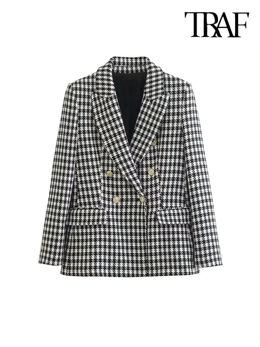 ONKOGENE Damen Mode Zweireiher Hahnentritt-Blazer Mantel Vintage Langarm Klappentaschen Weibliche Oberbekleidung Chic Vestes