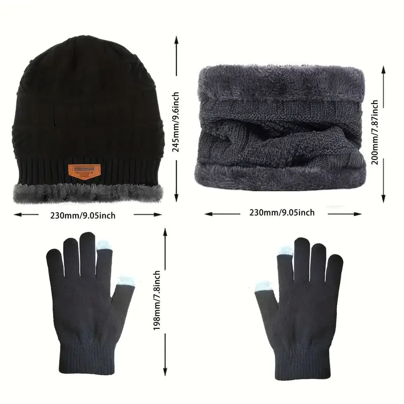 1 Set: Warme und weiche Winter-Strickmütze mit Fleece-Futter, Schals und Touchscreen-Handschuhe, 3-teiliges Set, perfekter Ohren- und Nackenwärmer