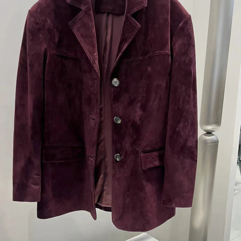 Französische High-End-Lederjacke im Western-Stil für Damen 2024 Neue Farbe Lila Rot Übergroßer lässiger Anzug aus Wildleder für Kinder Blazer Oberbekleidung