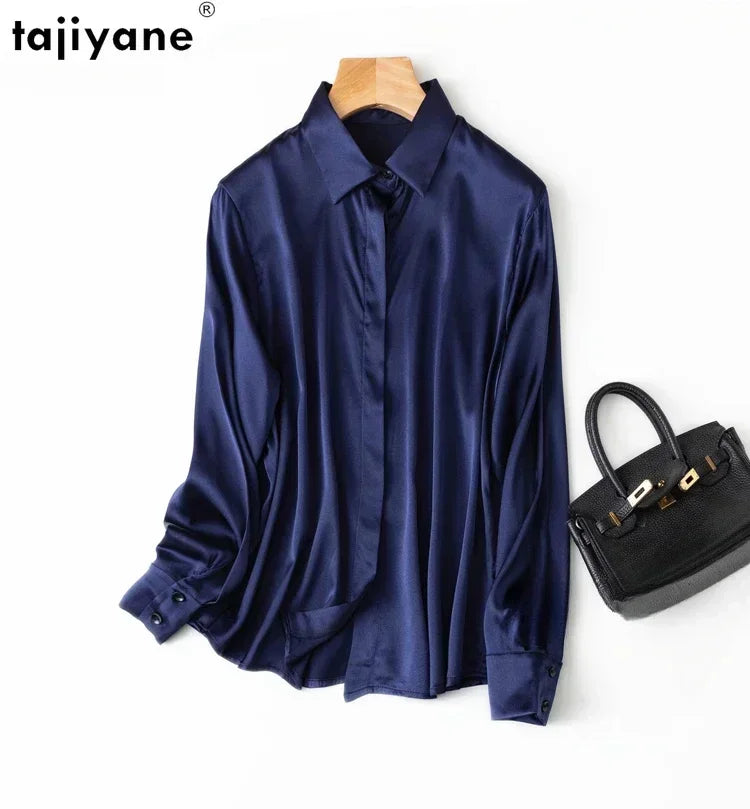 Tajiyane Damen-Shirt, 93 % Maulbeerseide, 7 % Elastan, 19 Momme, Satin, Seidenknöpfe, Langarmshirt, Top, Bluse, Büroarbeit, Chemise Femme