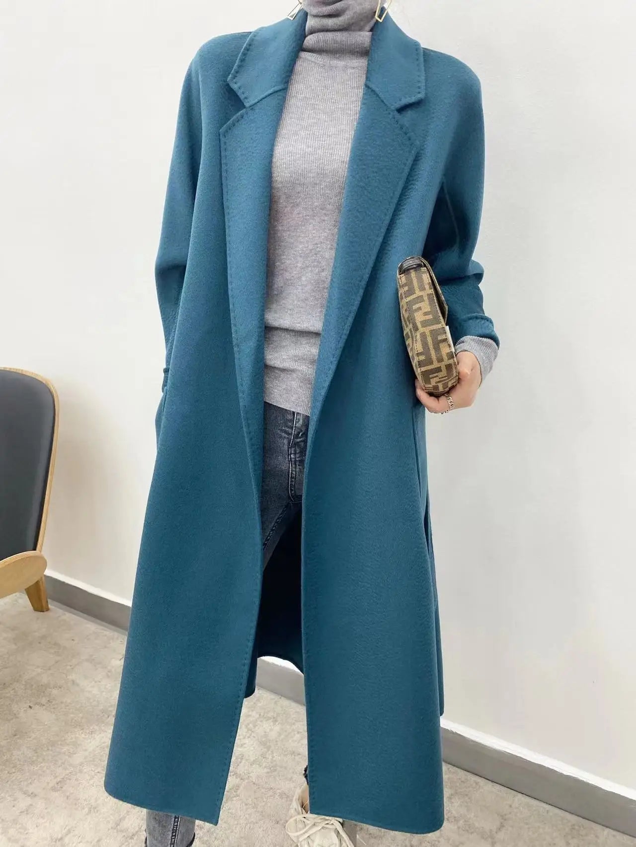 Women's autumn and winter new woolen coat mid-length lace-up cardigan fashion slim coat cape cape