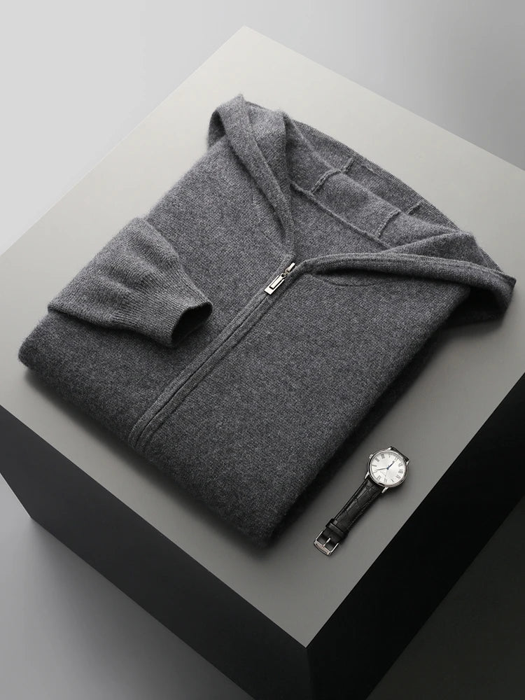 Men Cashmere Sweater Long Sleeve Hooded Pullover Autumn Winter Casual Loose 100% Merino Wool Knitwear Soft Comfy Clothing Tops