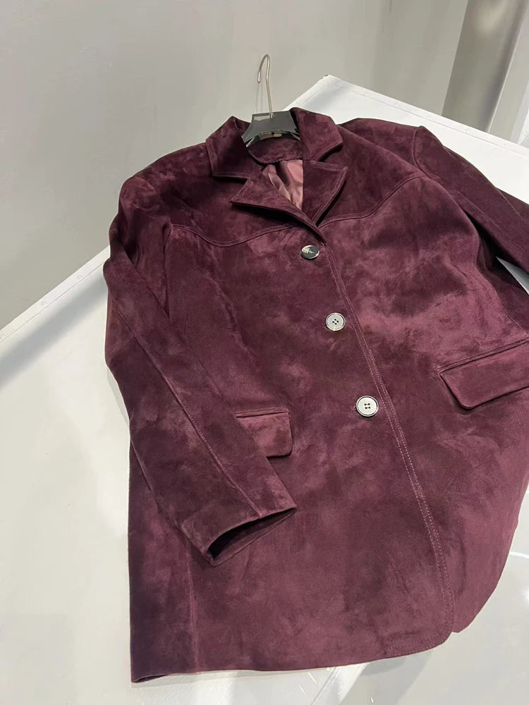 Französische High-End-Lederjacke im Western-Stil für Damen 2024 Neue Farbe Lila Rot Übergroßer lässiger Anzug aus Wildleder für Kinder Blazer Oberbekleidung