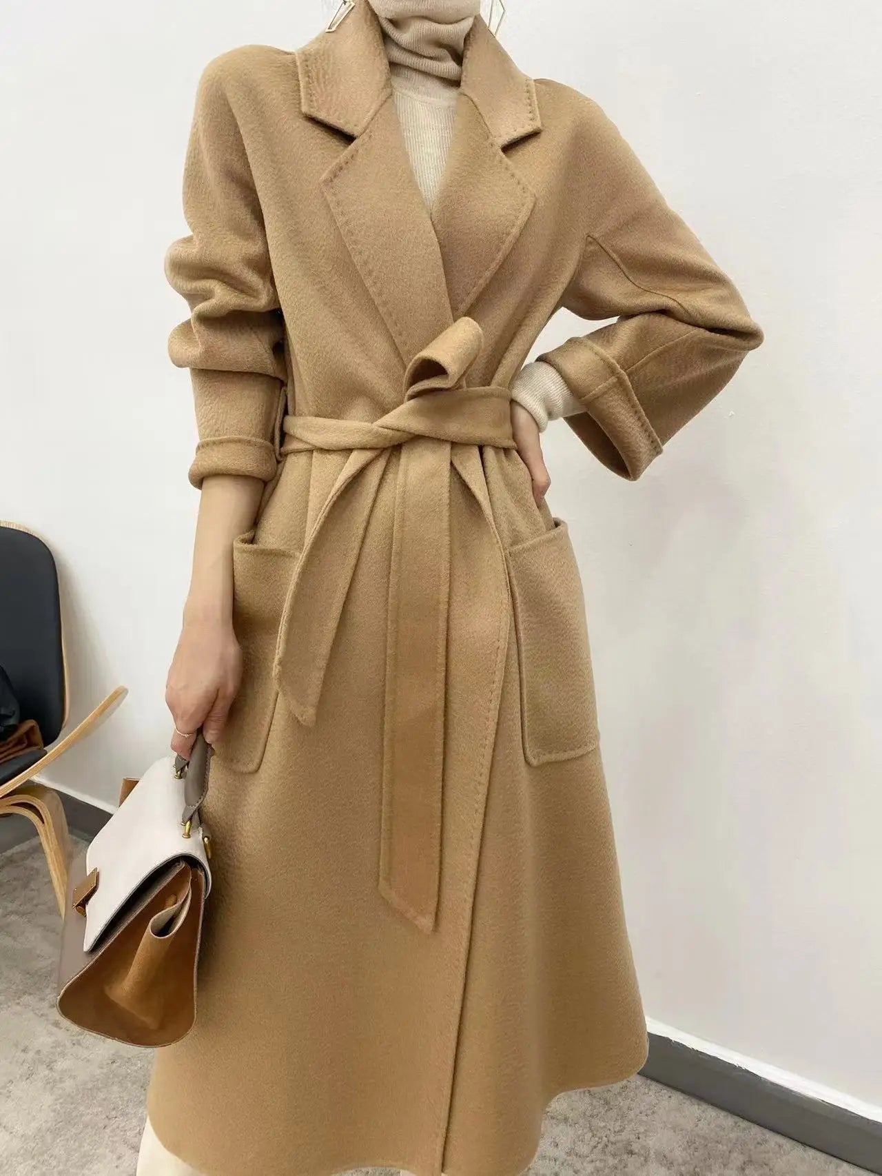 Women's autumn and winter new woolen coat mid-length lace-up cardigan fashion slim coat cape cape