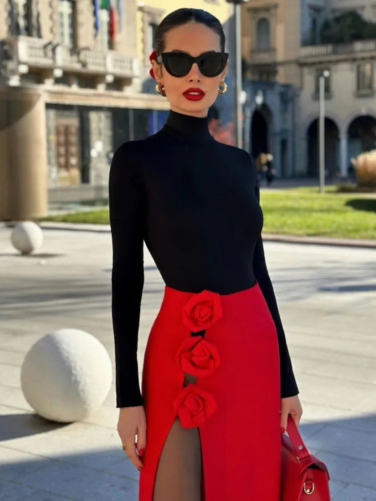 New Women Red Black Long Bodycon Split Flower Bandage Skirt Designer High Street Party Skirt