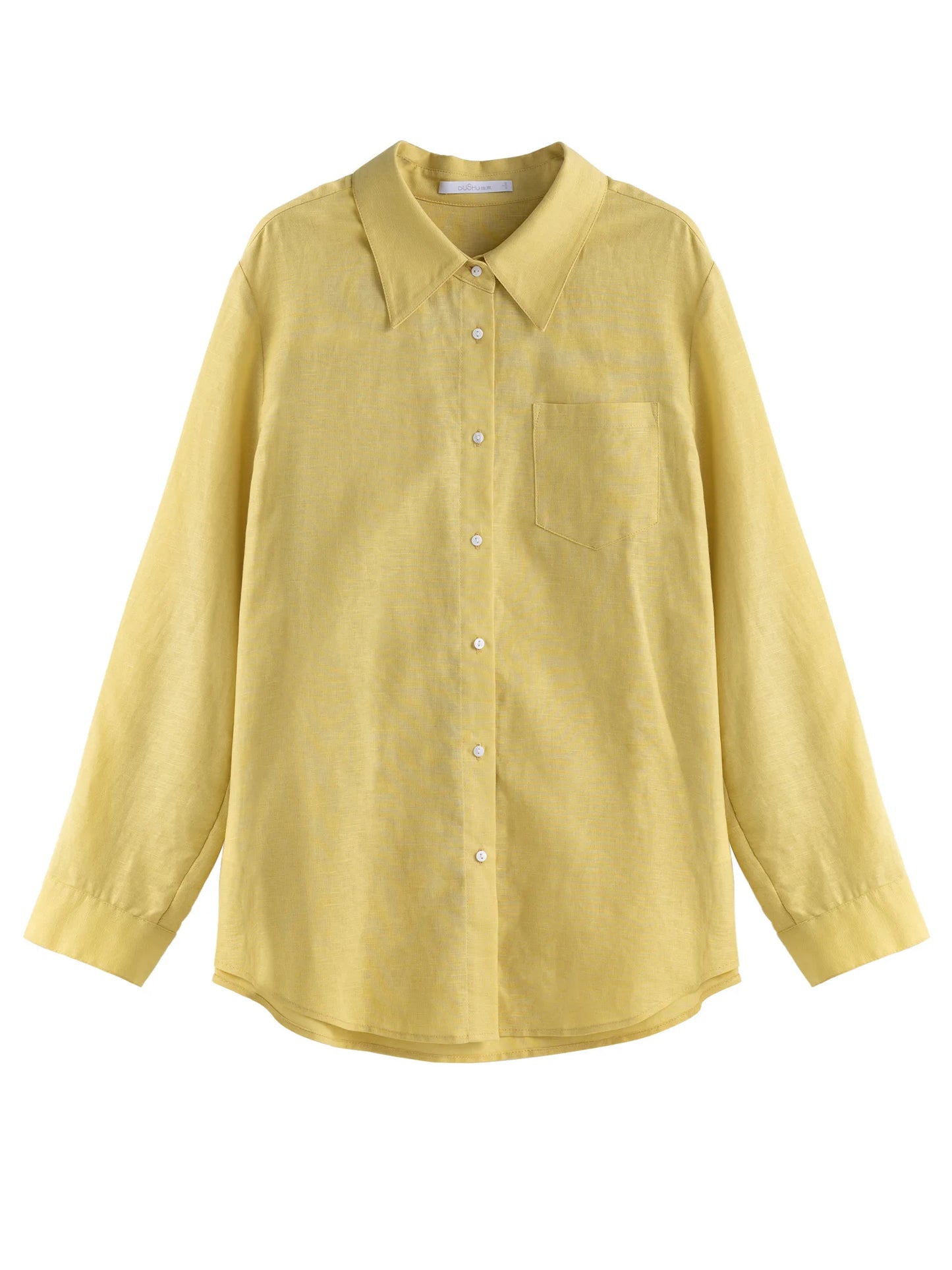 DUSHU Women Long Sleeve Shirts Cotton Linen Polo Neck Drop Sleeve Straight Yellow Blouses 2024 Autumn New Shirt Tops 24DS83148