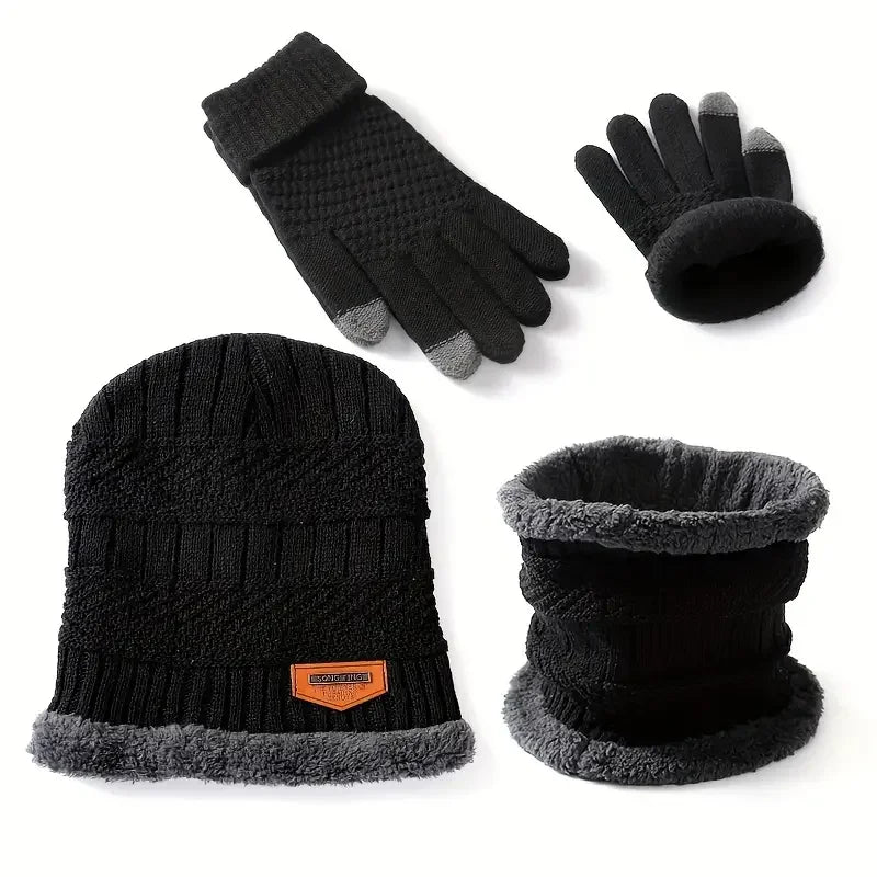 1 Set: Warme und weiche Winter-Strickmütze mit Fleece-Futter, Schals und Touchscreen-Handschuhe, 3-teiliges Set, perfekter Ohren- und Nackenwärmer