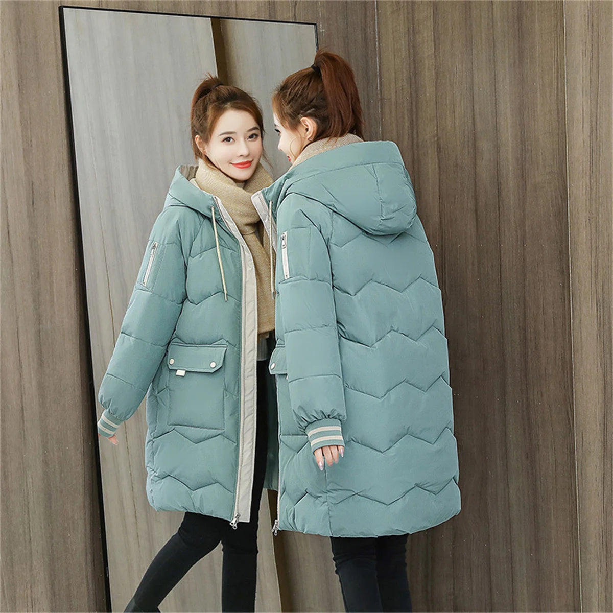 2024 Winter Frauen Jacke Mäntel Lange Parkas Weibliche Unten Baumwolle Mit Kapuze Mantel Dicke Warme Jacken Winddicht Casual Student Mantel