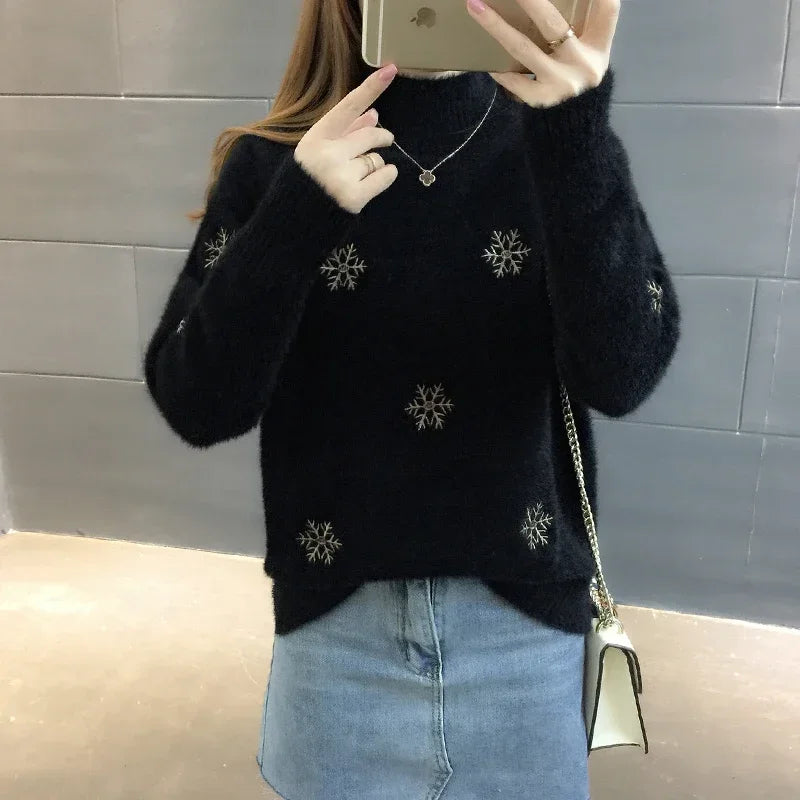 New Winter Knit Sweater Pullover Women Fashion Imitation Mink Cashmere Loose Femmes Top Korean White Clothes Female Tops G99