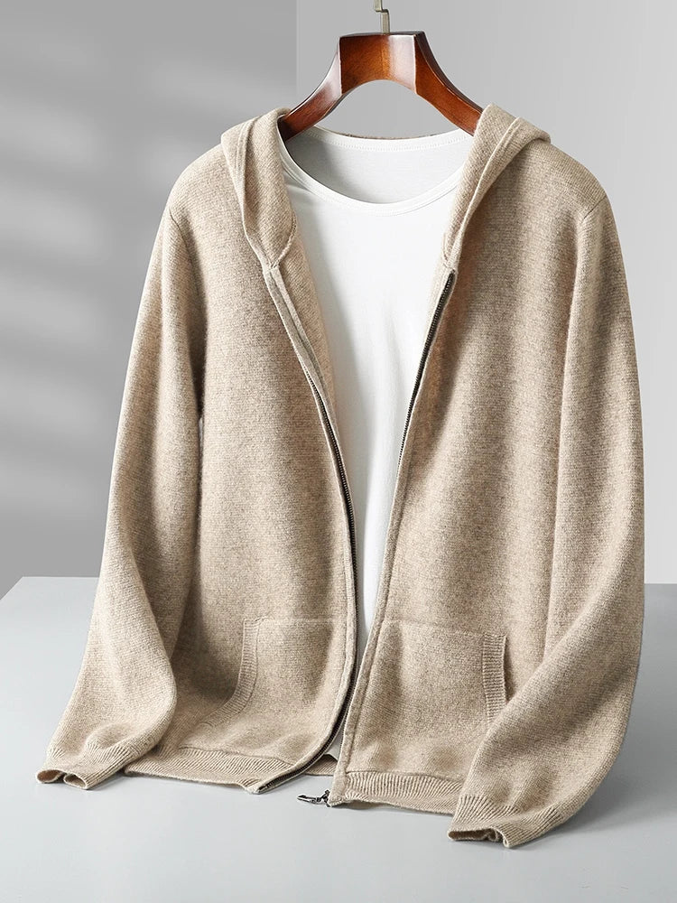 Men Cashmere Sweater Long Sleeve Hooded Pullover Autumn Winter Casual Loose 100% Merino Wool Knitwear Soft Comfy Clothing Tops