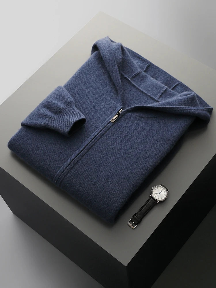 Men Cashmere Sweater Long Sleeve Hooded Pullover Autumn Winter Casual Loose 100% Merino Wool Knitwear Soft Comfy Clothing Tops