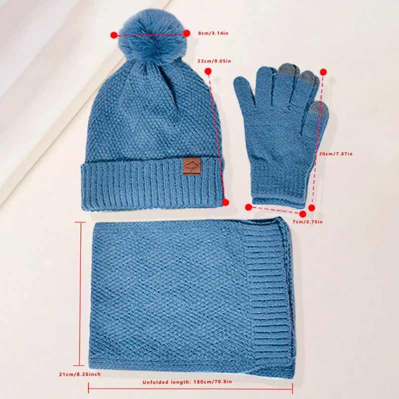 3-teiliges Wintermützen-Set mit Schal, Touchscreen-Handschuhen für Damen, warmes Strickmützen-Set mit Fleecefutter, Lederetikett, Pelzknäuelkappe