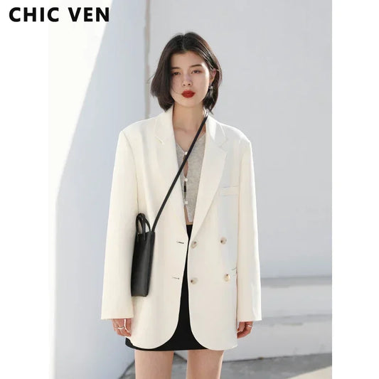 CHIC VEN 2021 Mode Damen Blazer Büro Dame Langarm Zweireiher Mittellang Casual Mantel Damen Oberbekleidung Stilvolles Top