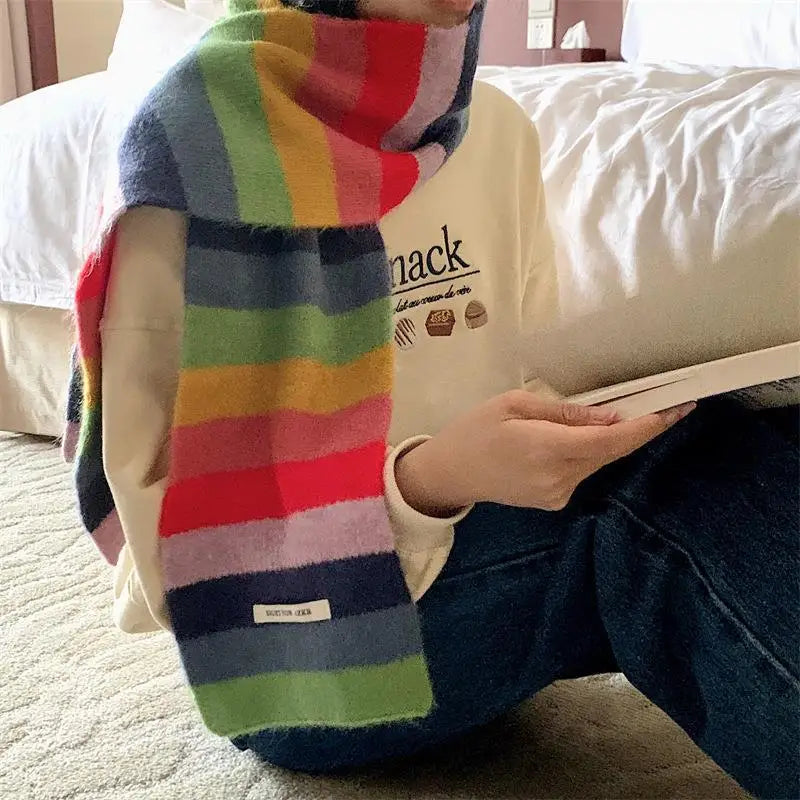 Mohairschal mit Regenbogenstreifen für Männer und Frauen im Winter, Farbblockierungsstreifen, Wollkurzschal für Studenten, warmer Kurzschal