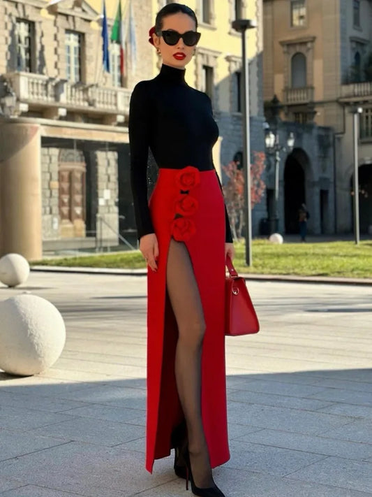 New Women Red Black Long Bodycon Split Flower Bandage Skirt Designer High Street Party Skirt