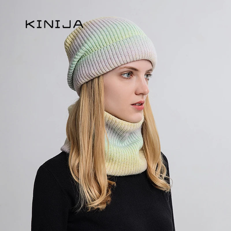 2021 neue Frauen Winter Hut Gradienten Gestreiften Ski Hut Hals Wärmer Weibliche Tie Dye Beanie russland außen verdicken plüsch Hut + schal Set