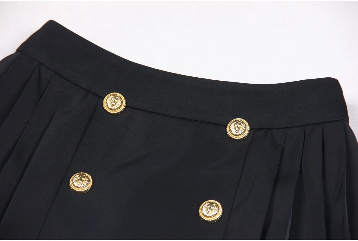 2024 Newest Solid Designed Double-breasted Lady Casual Fashion High Quality Office Mini Pleated Skirt