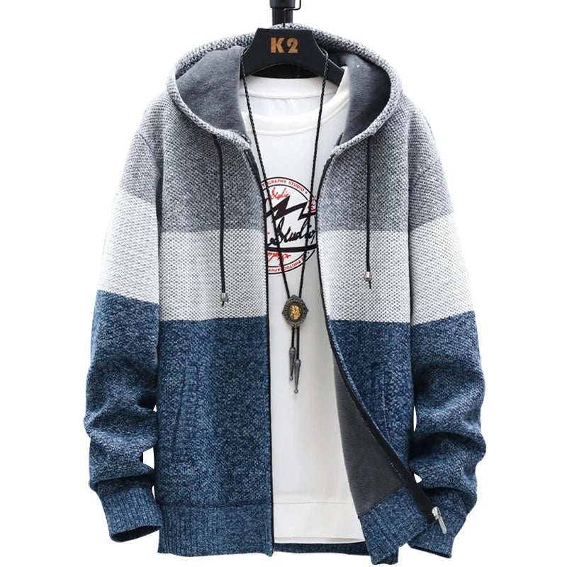 Men‘s Hooded Cardigan Knitted Sweater Winter Thick Fleece Warm Casual Knitwear Coat Solid Color Cardigan Men Winter Sweater