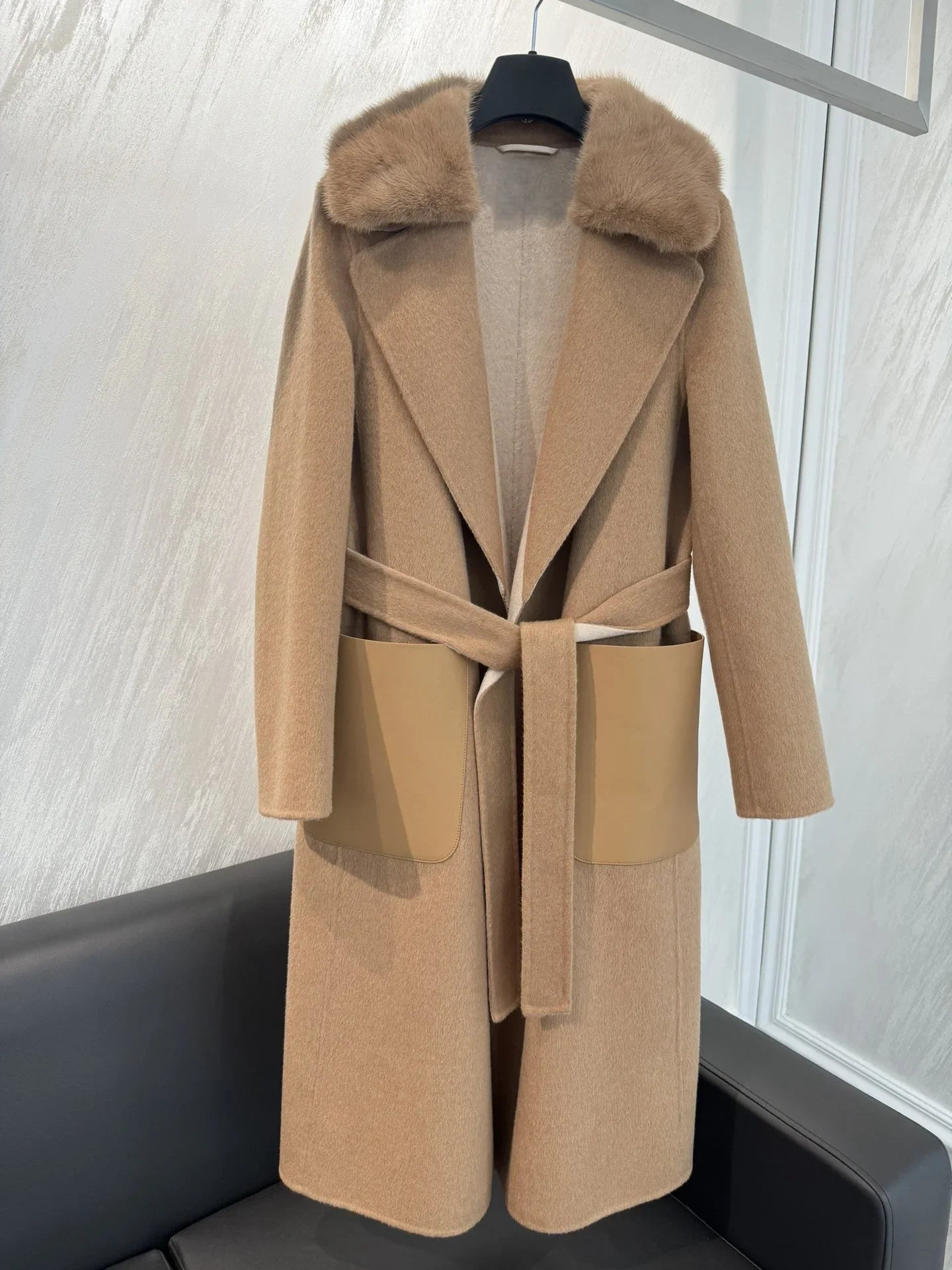 High-end Double-sided Water Ripple 100% Cashmere Coat for Women Lapel Neck Long Bathrobe Style Autumn Winter Outerwear