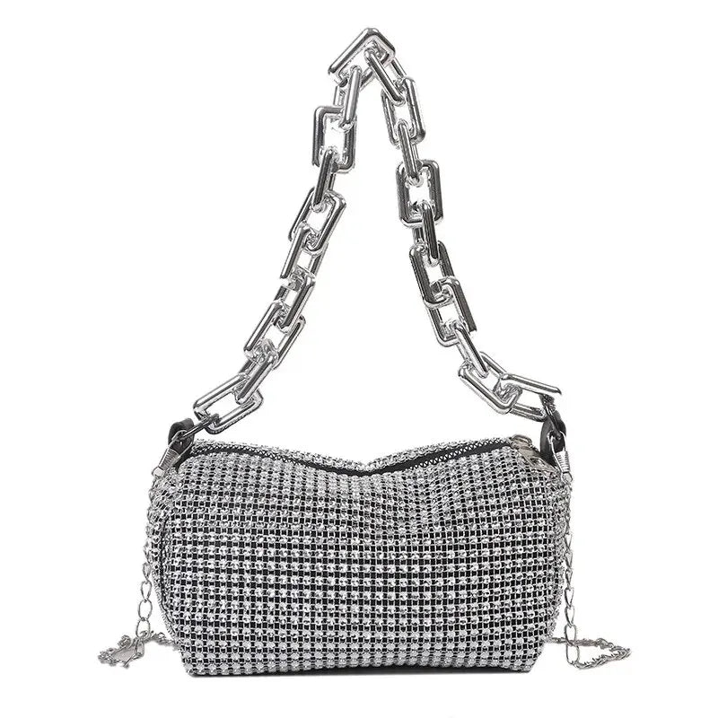 Beuteltasche mit Strasssteinen, Abschlussball-Geldbörse mit Glitzerkette, Mini-Umhängetasche für Damen (6,3 x 3,54 Zoll)