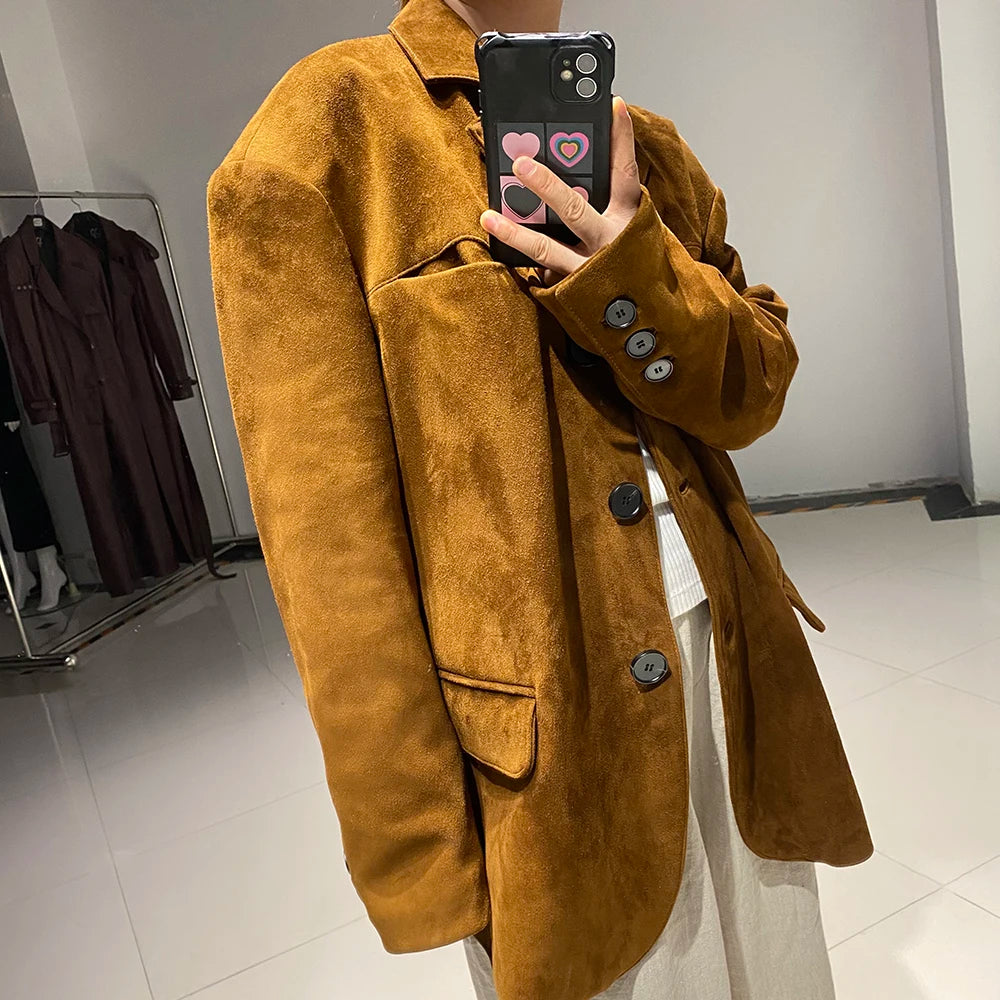 YOLOAgain Women's Oversized Suede Leather Blazer Single Breasted Real Leather Jacket Female Autumn 2024