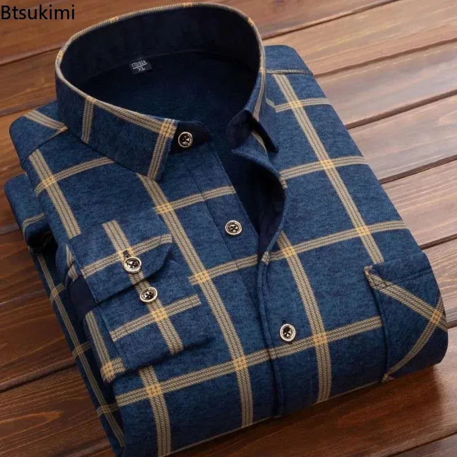 2024 Herbst Winter Herren Casual Fleece Plaid Shirt Mode Weiche Warme Drehen Unten Kragen Langarm Hemd Männlichen Hochwertige Tops