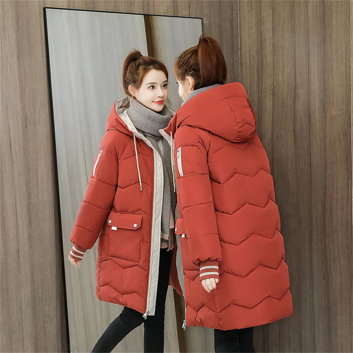 2024 Winter Frauen Jacke Mäntel Lange Parkas Weibliche Unten Baumwolle Mit Kapuze Mantel Dicke Warme Jacken Winddicht Casual Student Mantel