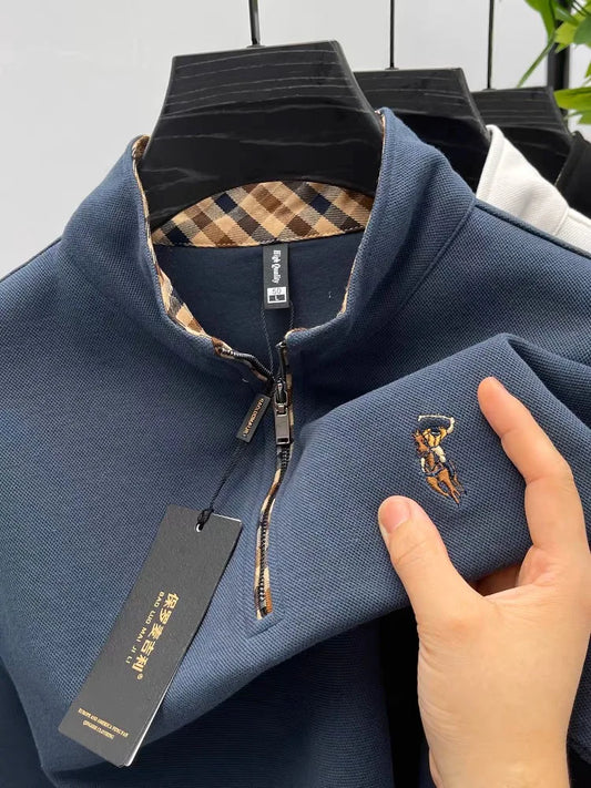 100% cotton men's long sleeved polo shirt 2024 autumn high-end luxury brand fashion half zipper lapel Paul embroidery T-shirt