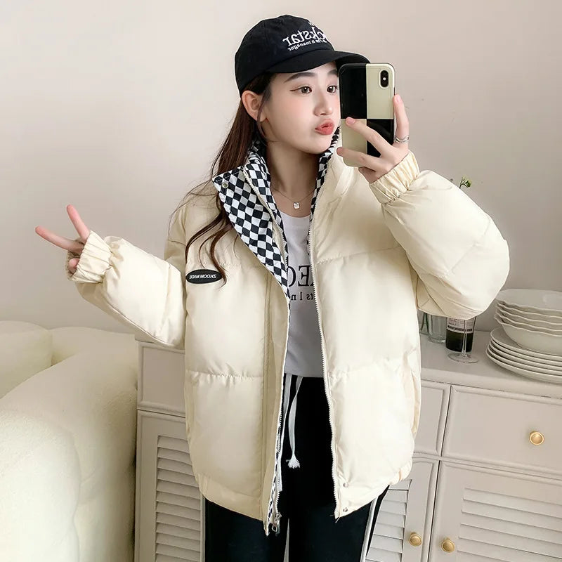 Thickened bread clothes women's checkerboard collar jacket women's winter new loose BF cotton-padded jacket tide